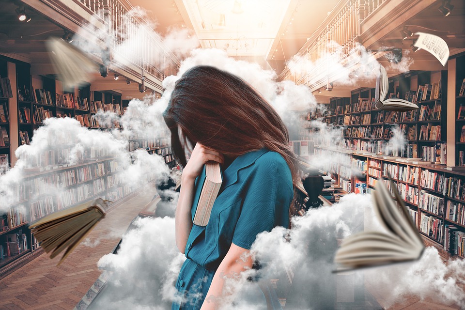 Chica nubes biblioteca preocupación